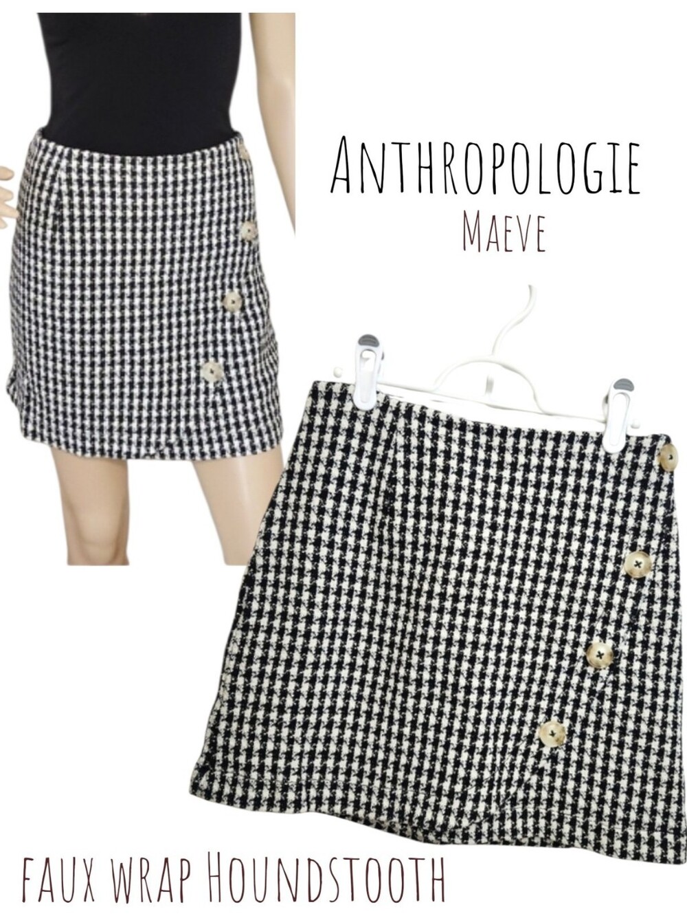 Anthropologie Maeve Tweed Houndstooth Wrap Skirt Size 2 Black White